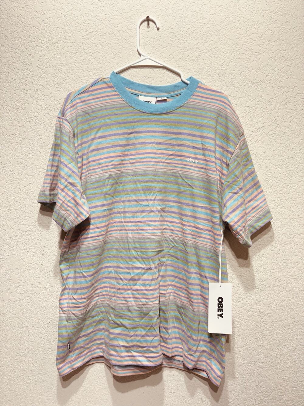 OBEY Striped Cotton Men’s Crew Neck T-Shirt Size L New With Tags NWT